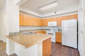 Cedar Park apartment for rent - a kitchen with white appliances and wooden cabinets