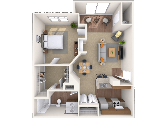 Floor plan for 1 bed, 1 bath, 714 sqft