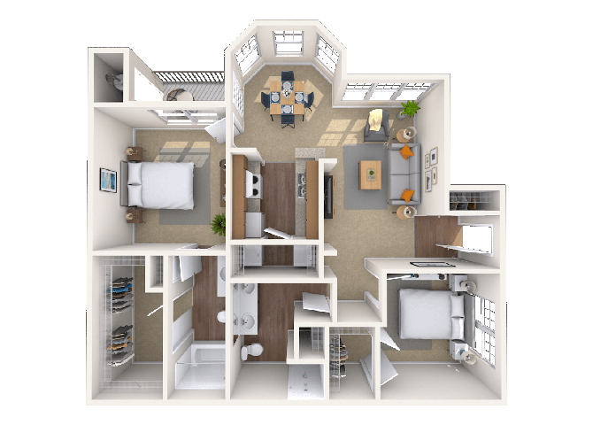 Floor plan for 2 beds, 2 baths, 970 sqft