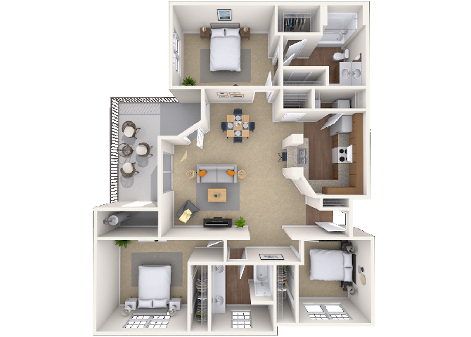 Floor plan for 3 beds, 2 baths, 1343 sqft