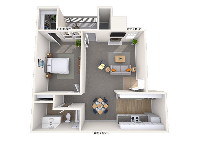 Floor plan for 1 bed, 1 bath, 800 sqft