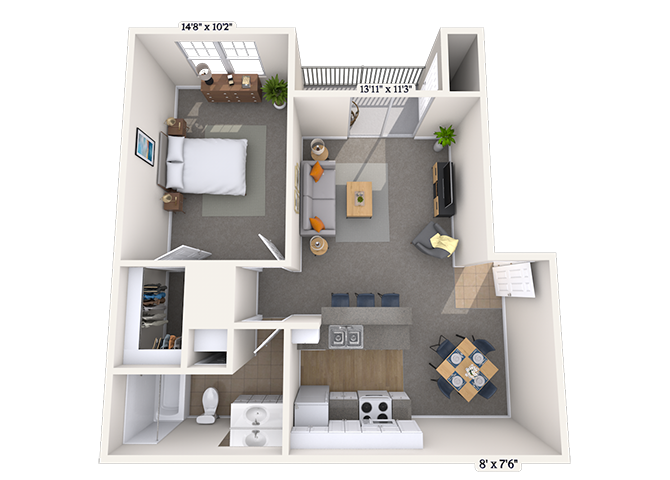 Floor plan for 1 bed, 1 bath, 623 sqft