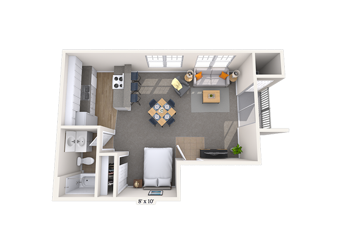Floor plan for studio, 1 bath, 500 sqft
