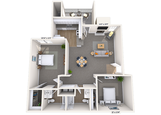 Floor plan for 2 beds, 2 baths, 1150 sqft