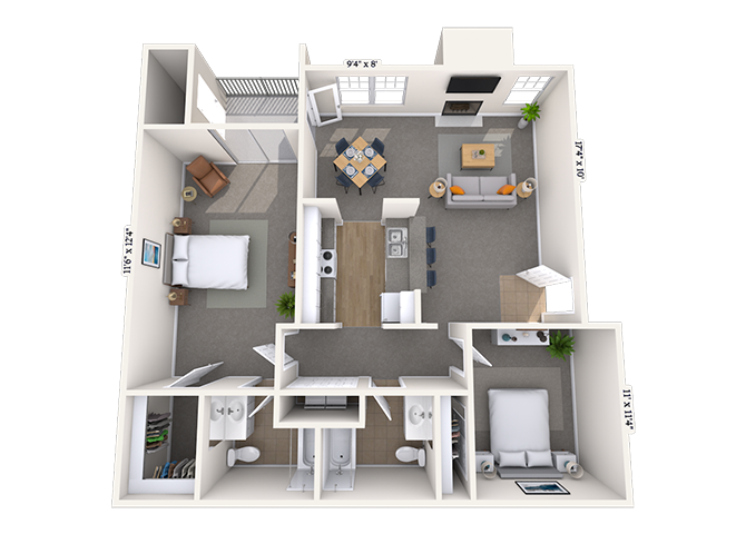 Floor plan for 2 beds, 2 baths, 1050 sqft