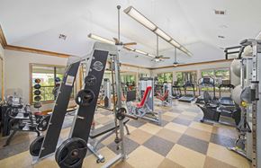 San Antonio apartment for rent - a gym with weights and other equipment in a room with windows