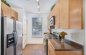 San Antonio apartment for rent - a kitchen with stainless steel appliances and wooden cabinets