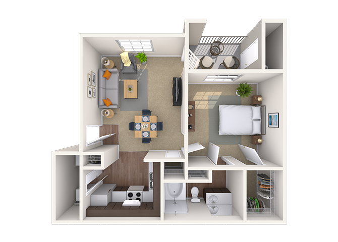 Floor plan for 1 bed, 1 bath, 612 sqft