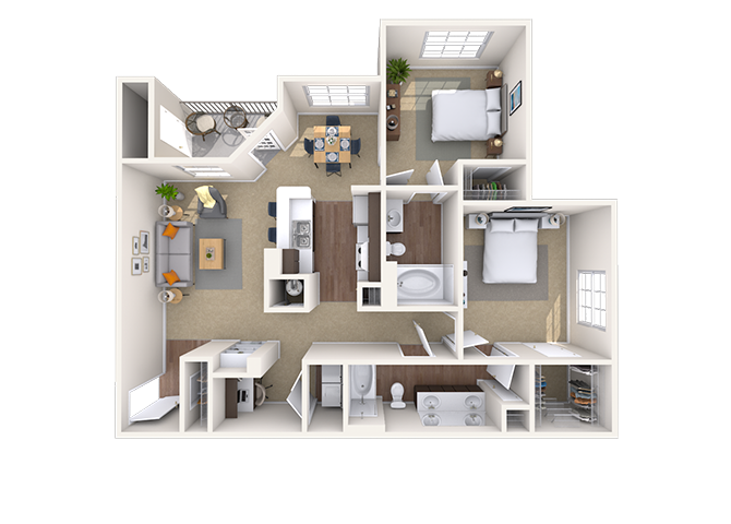 Floor plan for 2 beds, 2 baths, 1027 sqft