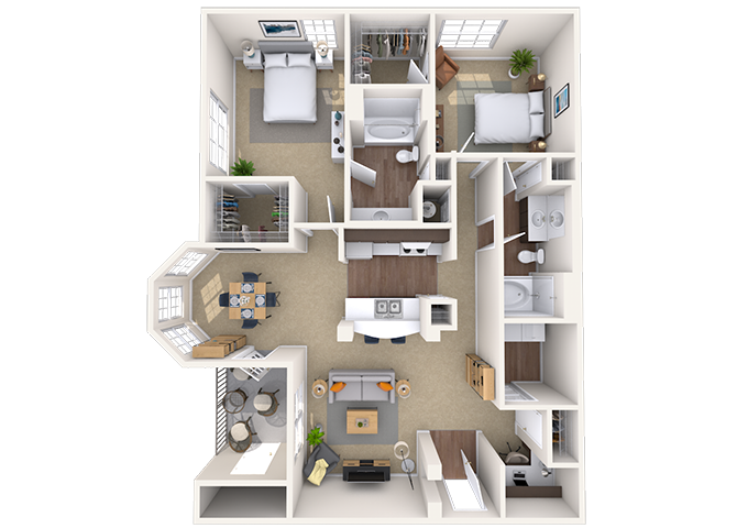 Floor plan for 2 beds, 2 baths, 1225 sqft