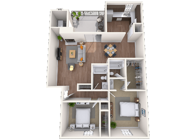Floor plan for 2 beds, 2 baths, 1030 sqft