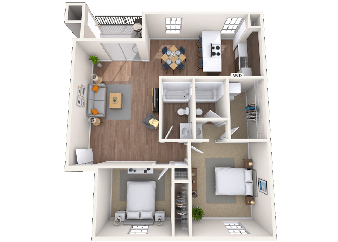 Floor plan for 2 beds, 2 baths, 905 sqft