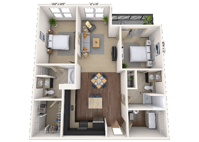 Floor plan for 2 beds, 2 baths, 1135 sqft
