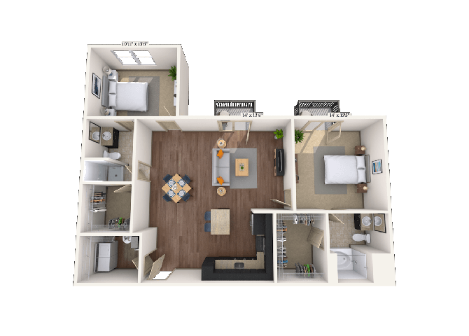Floor plan for 2 beds, 2 baths, 1273 sqft