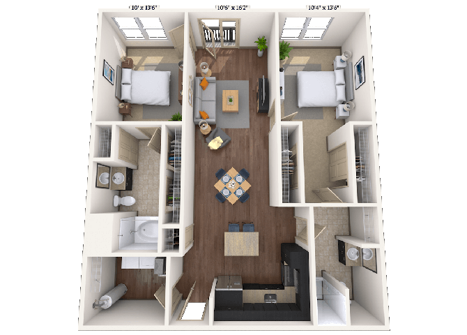 Floor plan for 2 beds, 2 baths, 1477 sqft