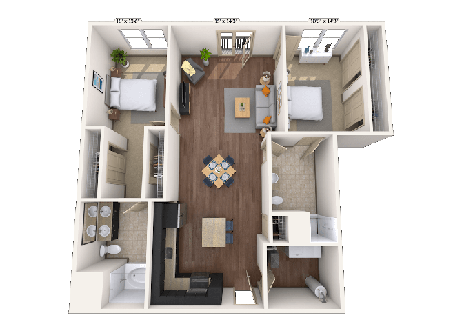 Floor plan for 2 beds, 2 baths, 1234 sqft