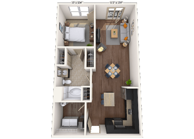 Floor plan for 1 bed, 1 bath, 979 sqft