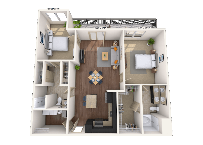 Floor plan for 2 beds, 2 baths, 1172 sqft
