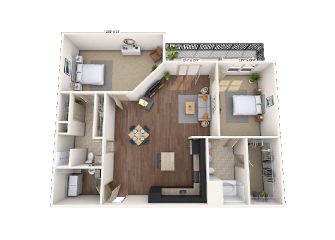 Floor plan for 2 beds, 2 baths, 1522 sqft