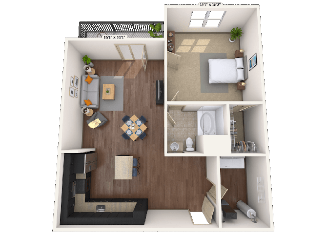 Floor plan for 1 bed, 1 bath, 1073 sqft