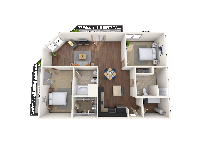 Floor plan for 2 beds, 2 baths, 1277 sqft