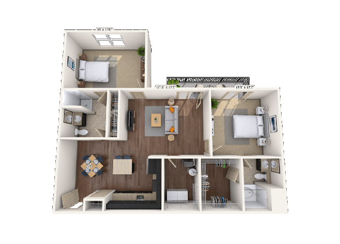 Floor plan for 2 beds, 2 baths, 1217 sqft