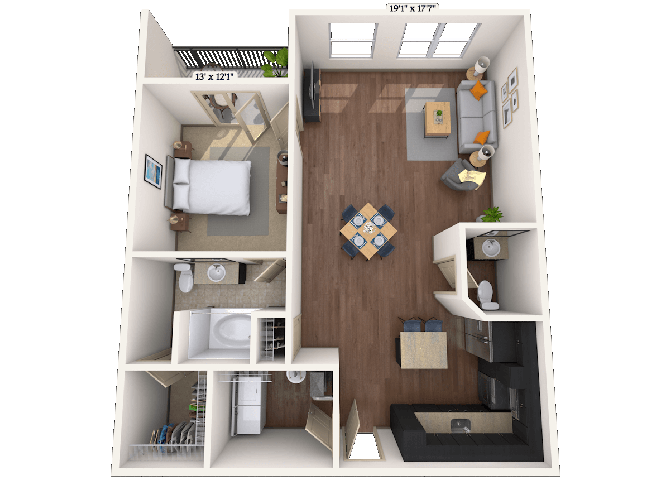 Floor plan for 1 bed, 1 bath, 1078 sqft