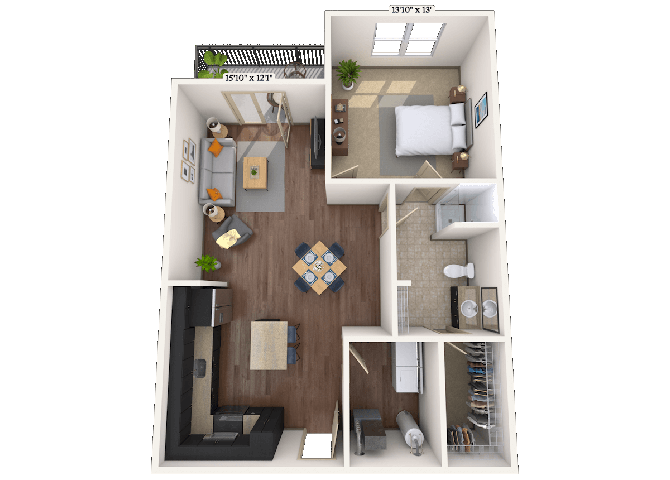 Floor plan for 1 bed, 1 bath, 860 sqft