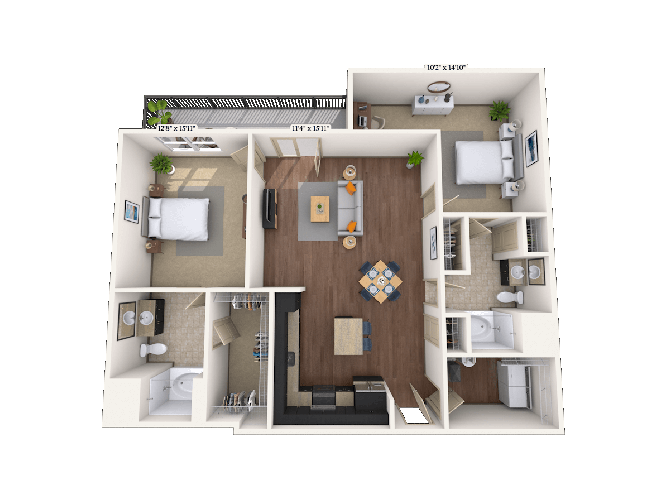 Floor plan for 2 beds, 2 baths, 1415 sqft