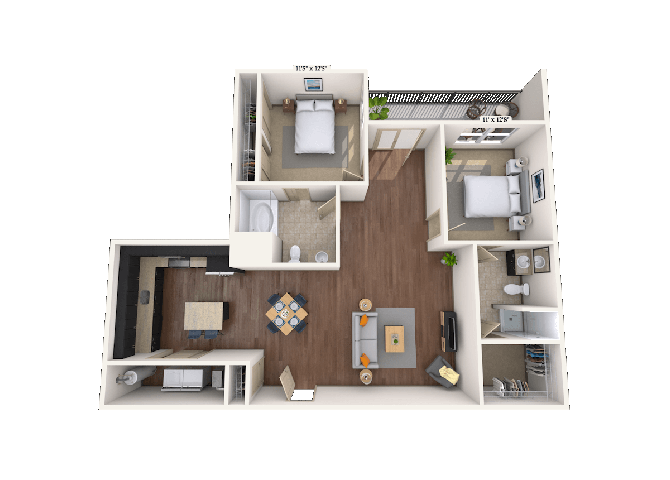 Floor plan for 2 beds, 2 baths, 1306 sqft