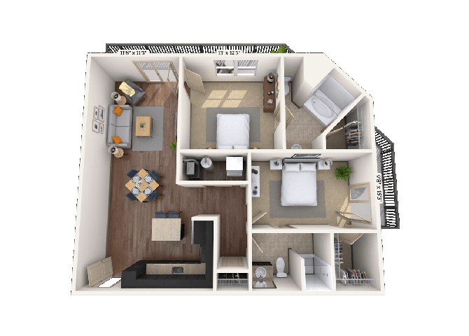 Floor plan for 2 beds, 2 baths, 1076 sqft