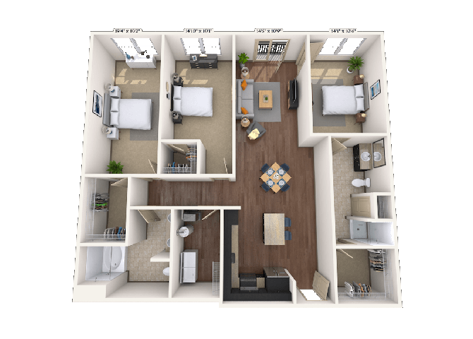 Floor plan for 3 beds, 2 baths, 1486 sqft