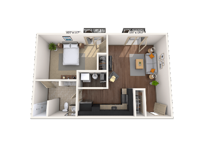 Floor plan for 1 bed, 1 bath, 811 sqft
