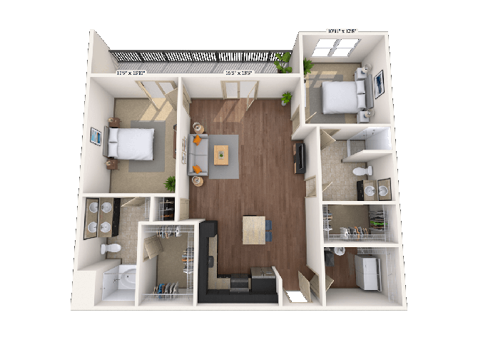 Floor plan for 2 beds, 2 baths, 1271 sqft