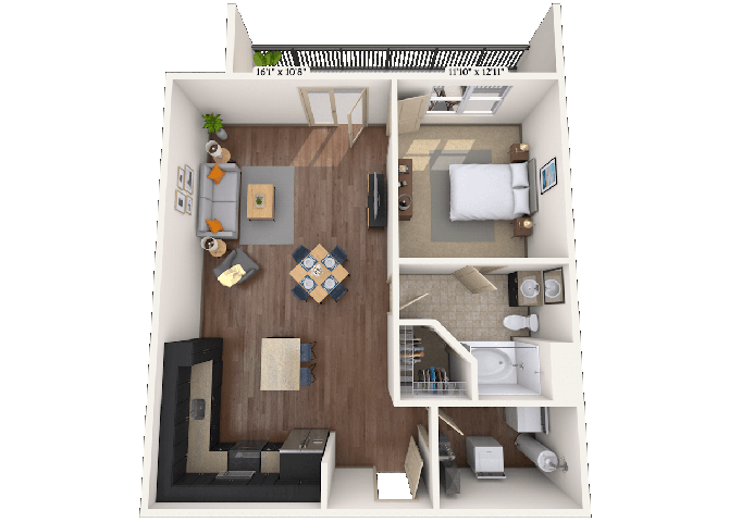 Floor plan for 1 bed, 1 bath, 853 sqft