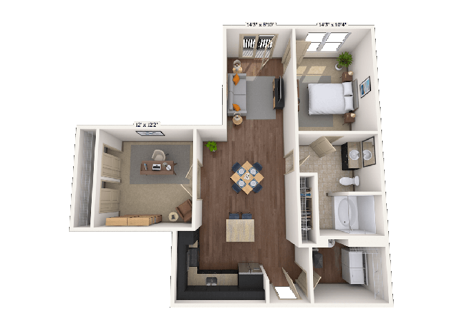 Floor plan for 1 bed, 1 bath, 1009 sqft
