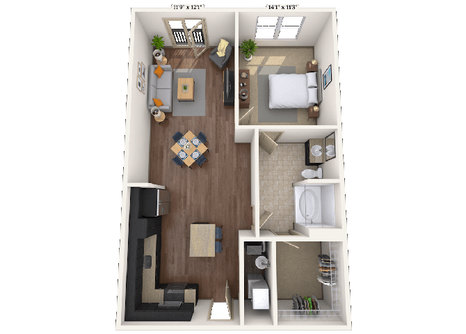 Floor plan for 1 bed, 1 bath, 872 sqft