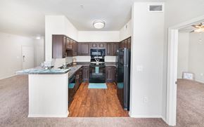 Roanoke apartment for rent - a renovated kitchen with black appliances and wood flooring