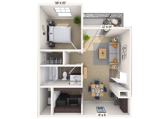 Floor plan for 1 bed, 1 bath, 675 sqft