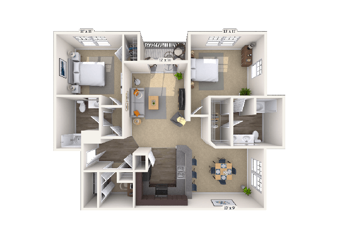 Floor plan for 2 beds, 2 baths, 1225 sqft