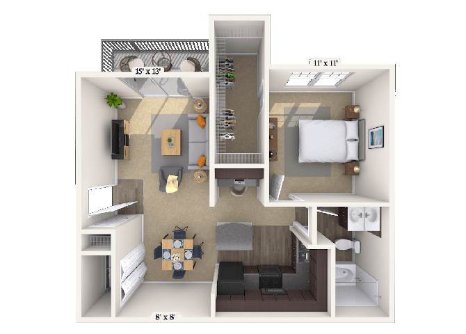 Floor plan for 1 bed, 1 bath, 775 sqft