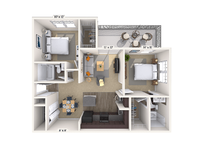 Floor plan for 2 beds, 2 baths, 975 sqft