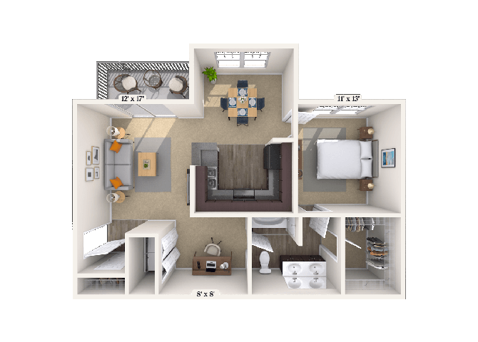Floor plan for 1 bed, 1 bath, 875 sqft