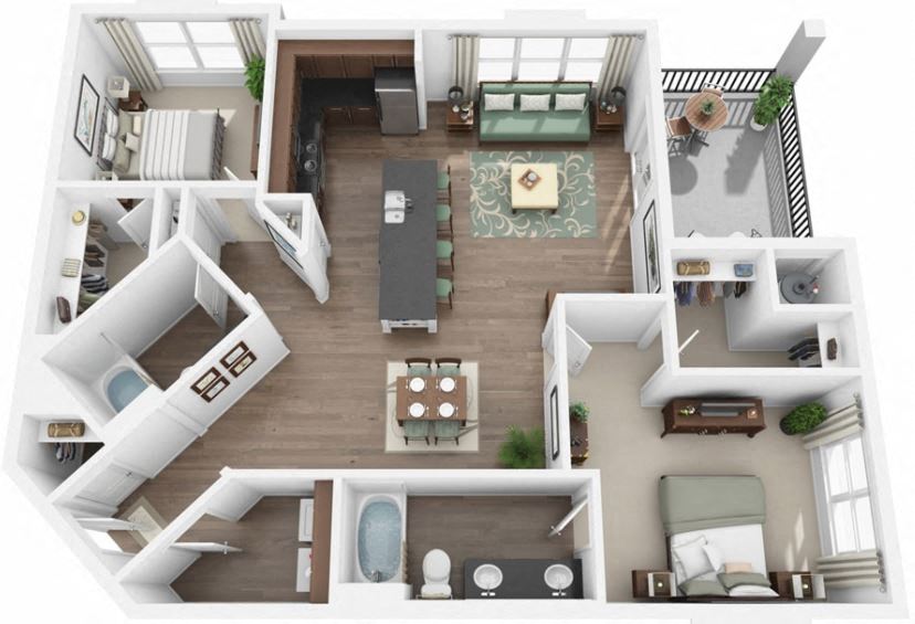 Floor plan for 2 beds, 2 baths, 1161 sqft