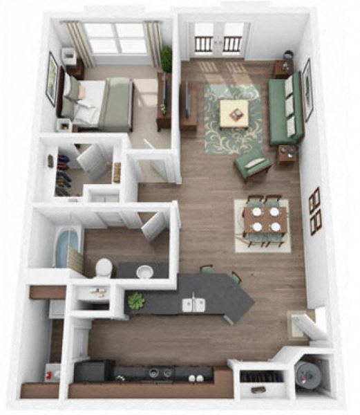 Floor plan for 1 bed, 1 bath, 747 sqft