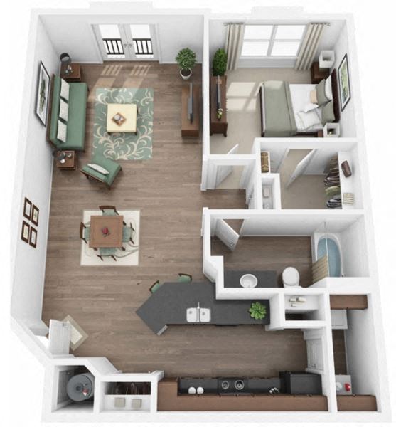 Floor plan for 1 bed, 1 bath, 851 sqft