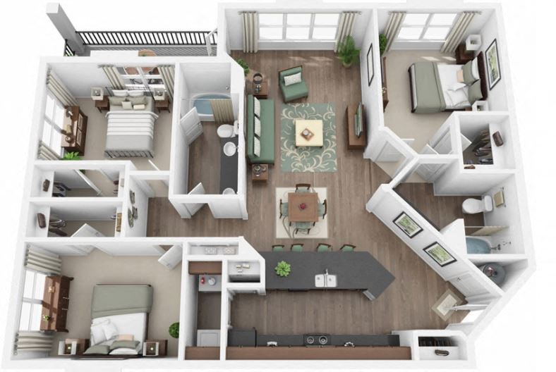 Floor plan for 3 beds, 2 baths, 1348 sqft