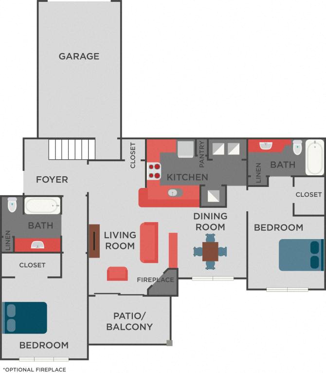 Floor plan for 2 beds, 2 baths, 1203 sqft