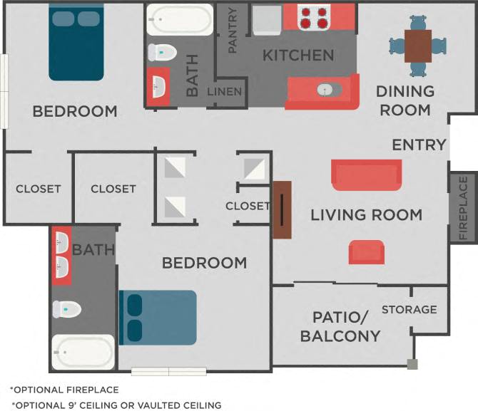 Floor plan for 2 beds, 2 baths, 1062 sqft