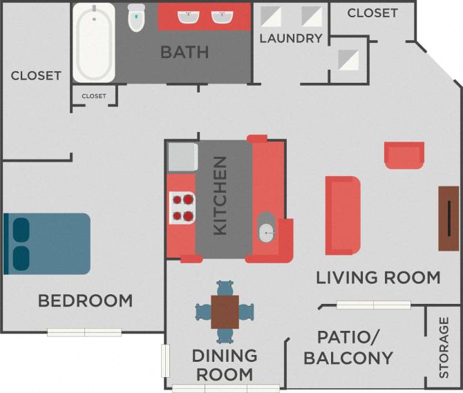 Floor plan for 1 bed, 1 bath, 759 sqft